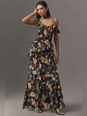 elora sleeveless v-neck ruffle lace maxi dress BHLDN Elora Sleeveless V-Neck Ruffle Lace Maxi Dress